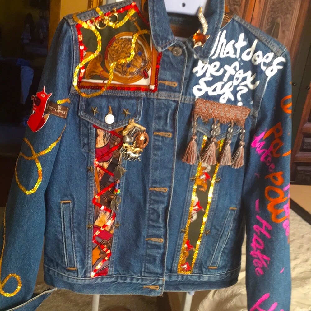 Guy Laroche scarf tie Hand Crafted Wearable Art Fox Hunt Denim Jacket Brooches
